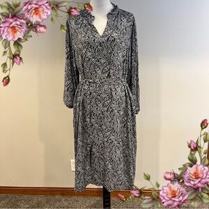 Lands' End Black and White Paisley print Long‎ Sleeve midi Dress size 14